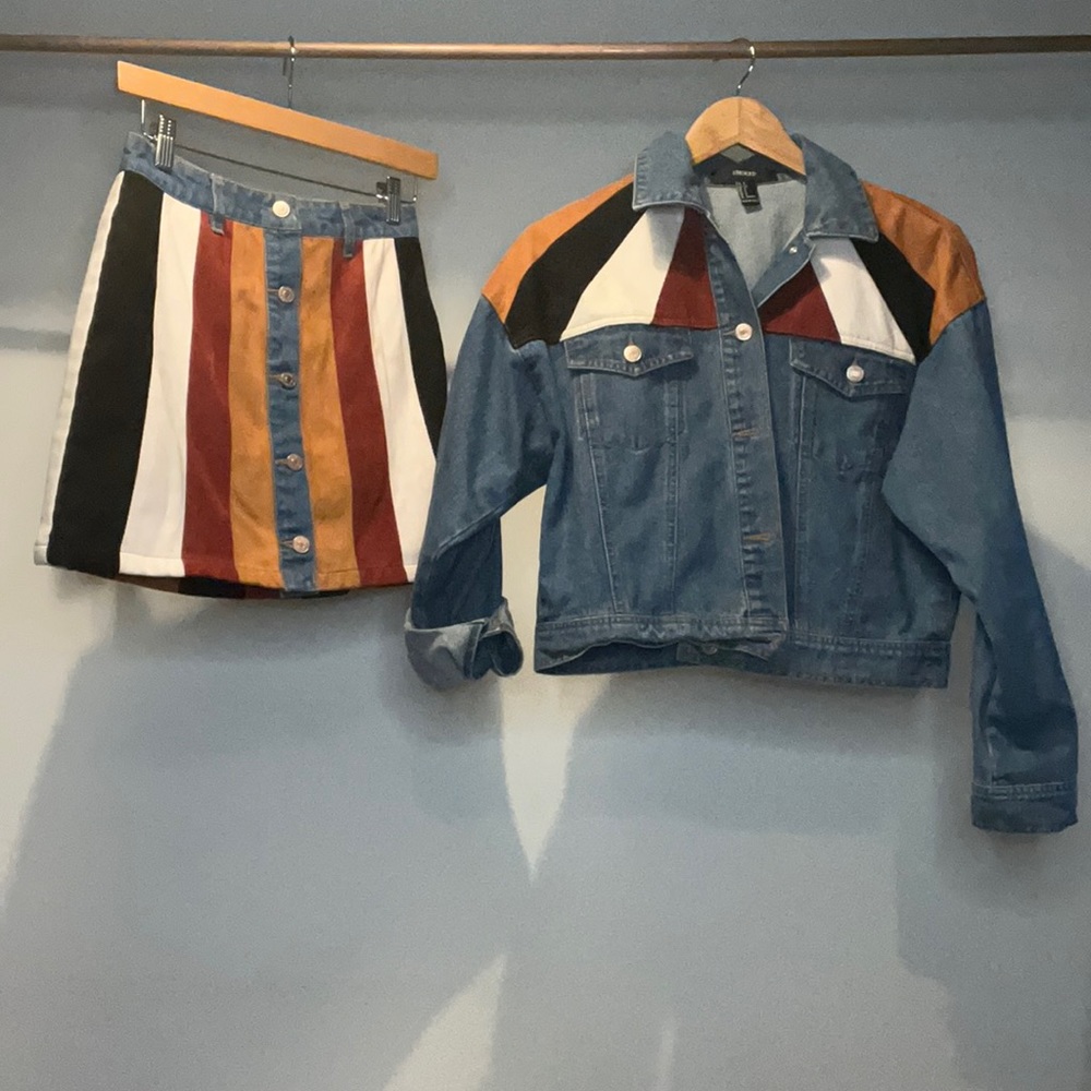 Colorblock jean & suede  skirt and jacket set